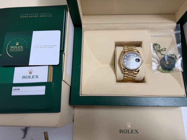 ロレックス 美品中古 デイデイト36 128238 グリーンオンブレダイヤ文字盤